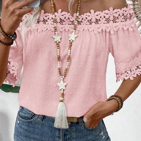 Delilah Wear Tops - Pink Lace Off-Shoulder Top